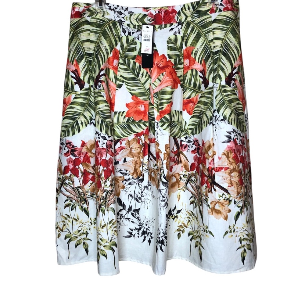NEW Talbots Linen Pleated Skirt 10 Tropical Floral Hibiscus Garden Party NWT